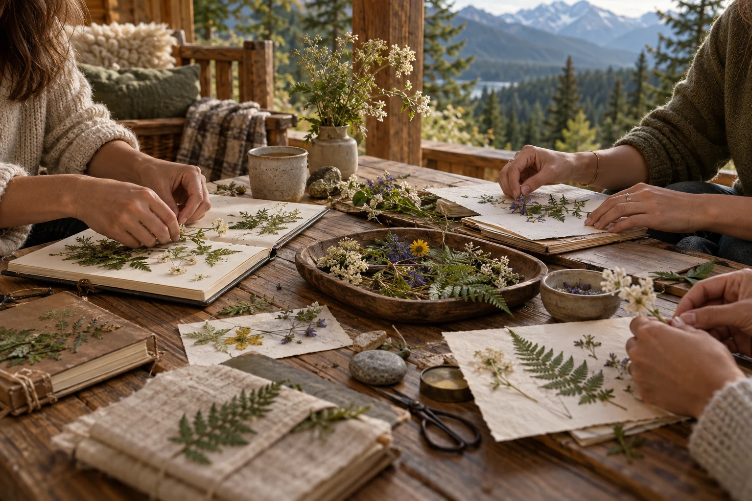 Adults creating botanical keepsakes and nature journals together at a rustic cabin porch table, with hands and natural materials in focus