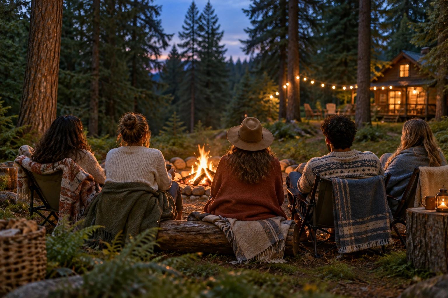 Friends gathered around a campfire in a peaceful forest beside a warmly lit cabin, seen from behind
