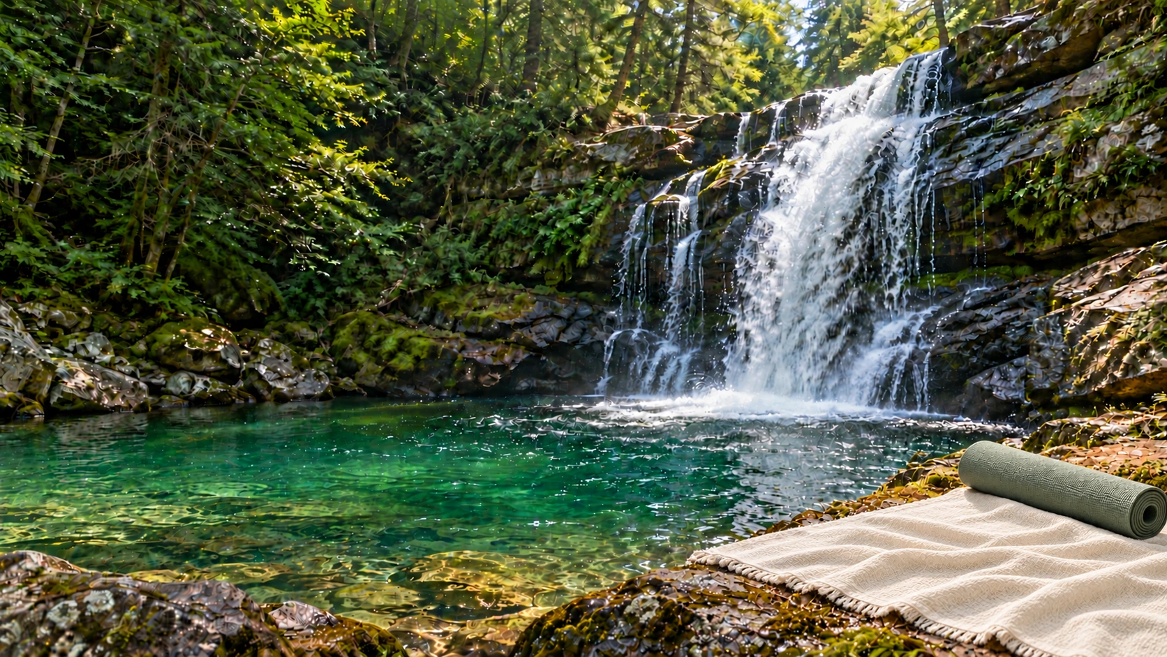 Woodland waterfall and emerald pool beside an open neutral blanket and a neatly rolled angled yoga mat