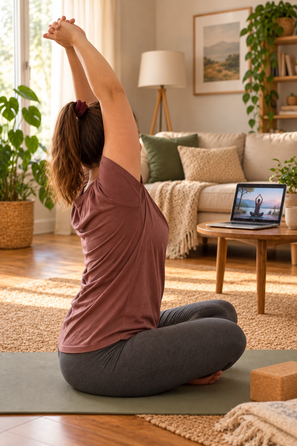 An adult doing a gentle seated stretch beside a laptop in a cozy living room, with face hidden