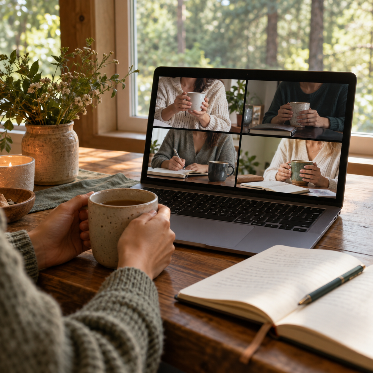 Cozy laptop gathering with tea and journals, with faces out of view