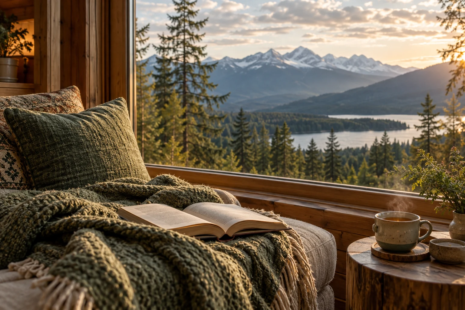 Open book, blanket and tea in a cozy cabin reading nook overlooking forest and mountains