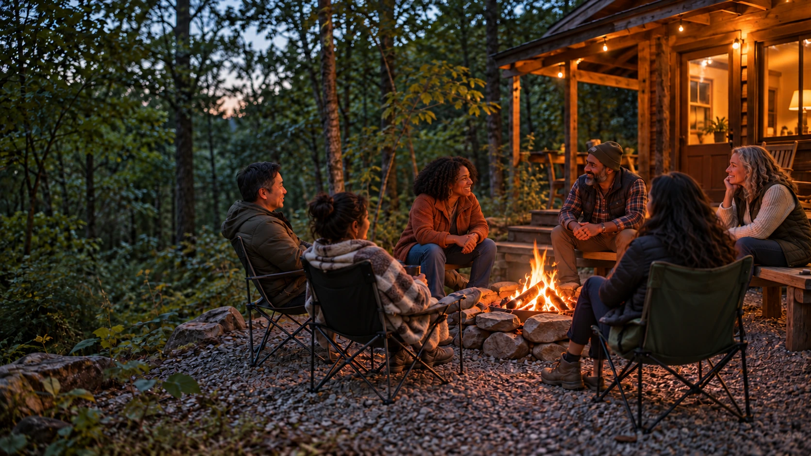 Diverse group of men and women around a campfire beside a warmly lit woodland cabin