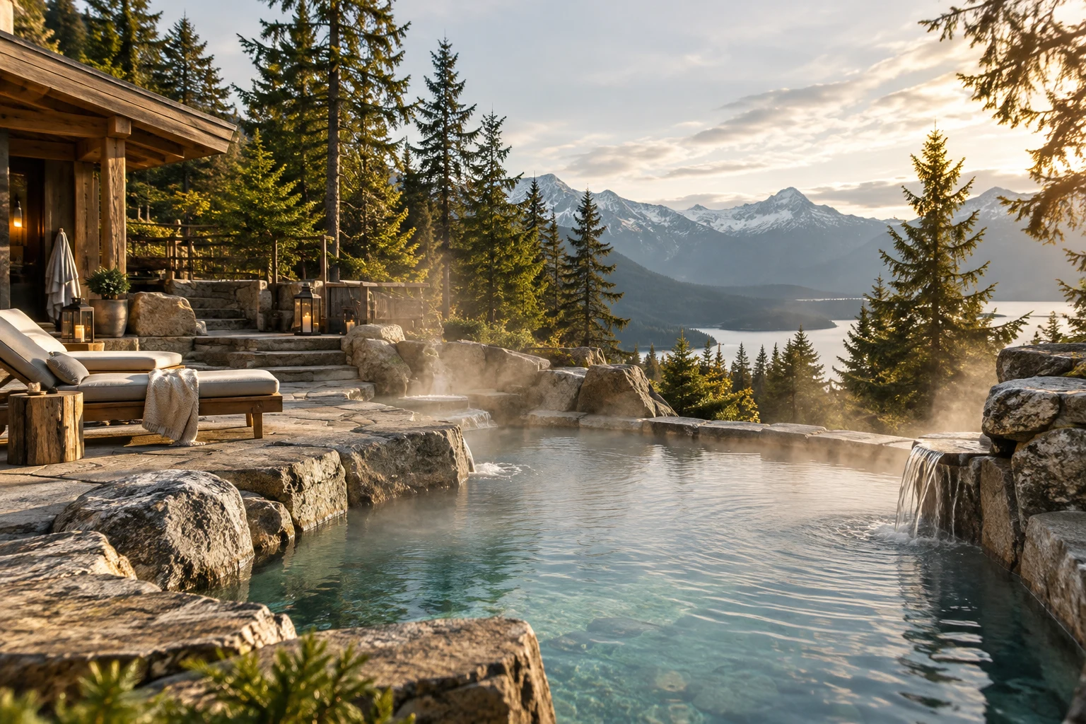 Steaming outdoor Nordic spa pool surrounded by evergreen forest and mountains