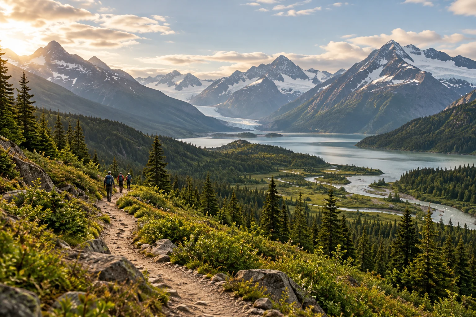 Winding trail through a lush Alaskan mountain valley with distant hikers