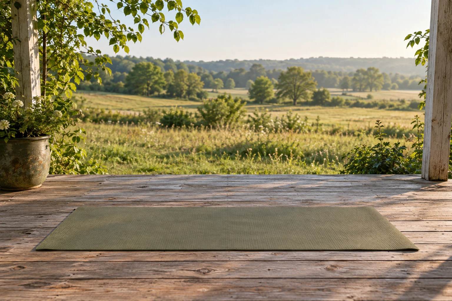 Unrolled yoga mat on a weathered wooden porch overlooking a sunlit grassy meadow